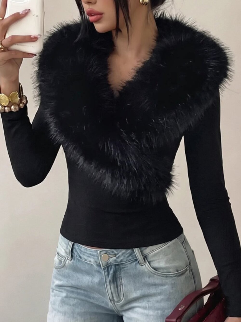 Black Casual Women's Fur Collar Slimming Fitted Top